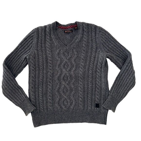 Ben Sherman Jumper Mens Medium 80% Wool Aran Cable Knit Fisherman Gray Sweater - Picture 1 of 8